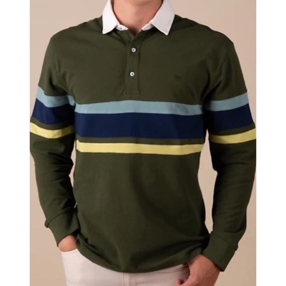 Simply Southern Rugby Shirt Mens Olive Green Striped Long Sleeve Cotton Polo